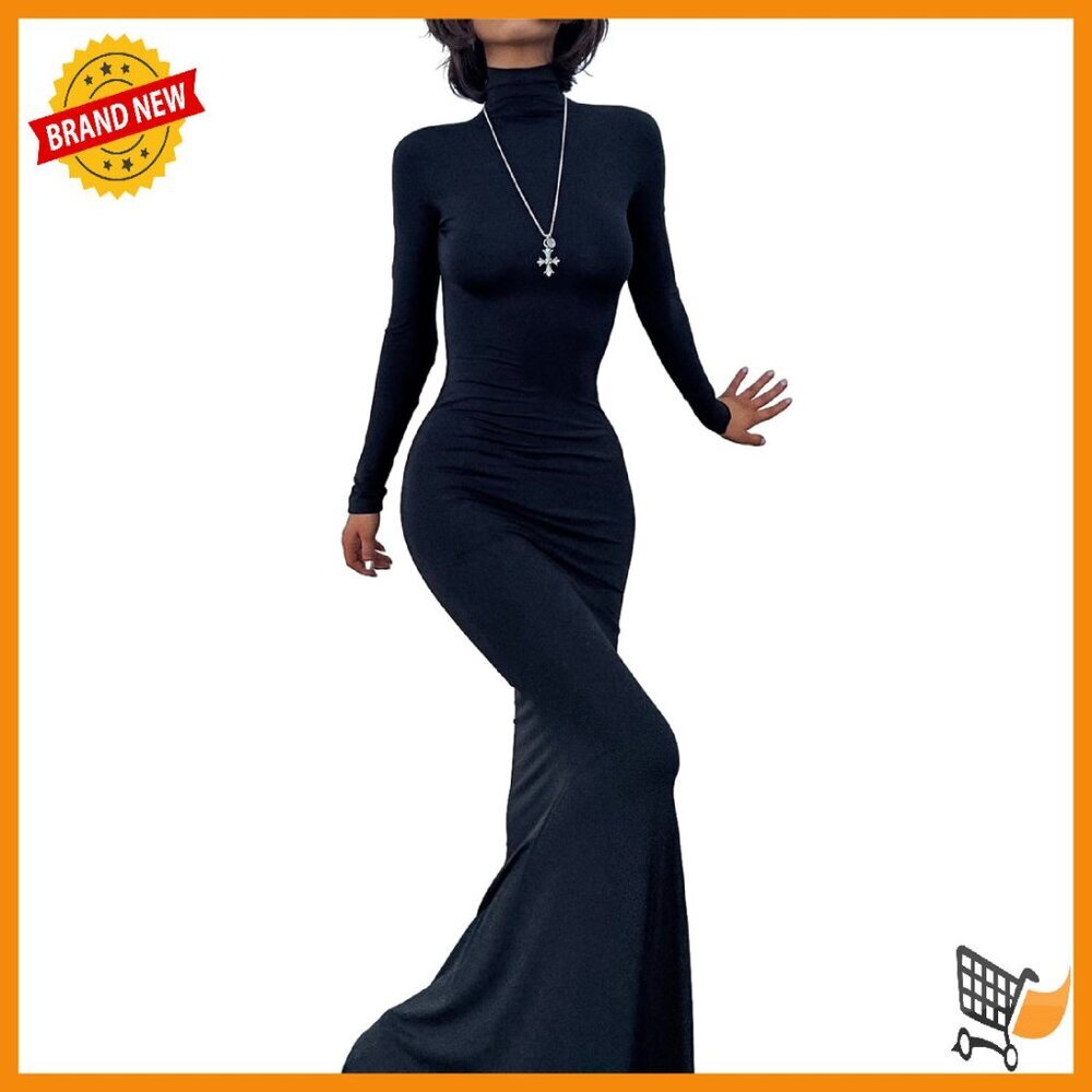 Long Sleeve Maxi Bodycon Dress Turtleneck Mermaid Hem Formal